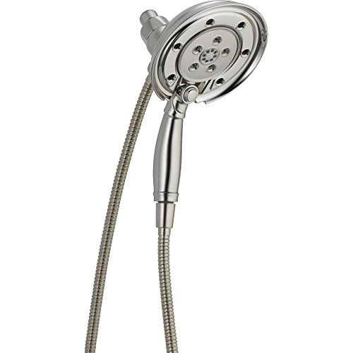 Chrome dual showerhead with handheld spray attached to braided metal hose.