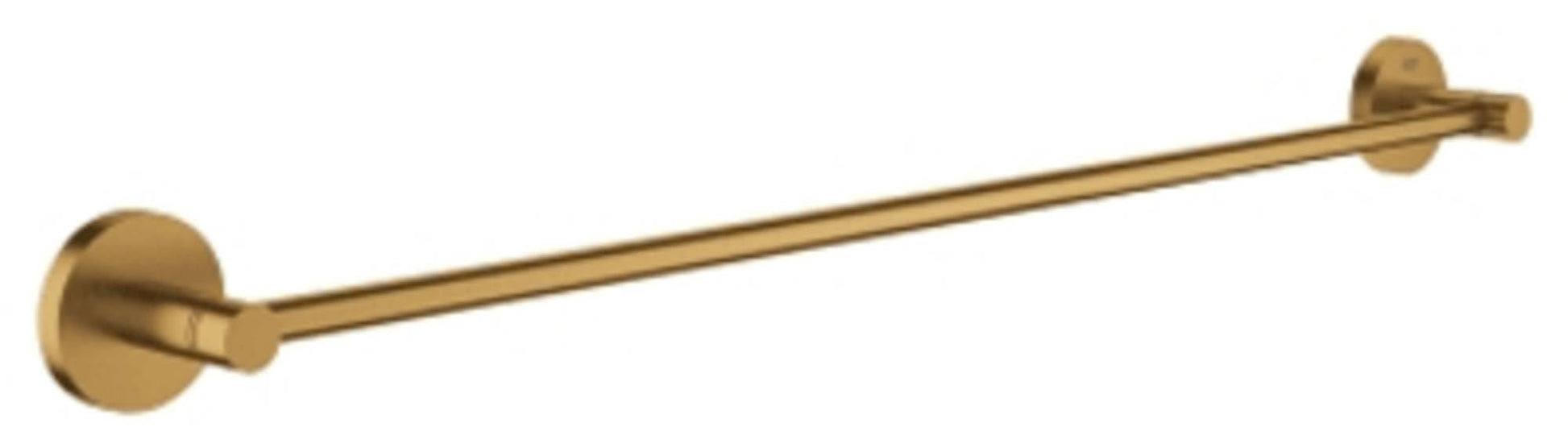 Brushed gold horizontal towel bar with circular wall-mounted end caps on both sides.