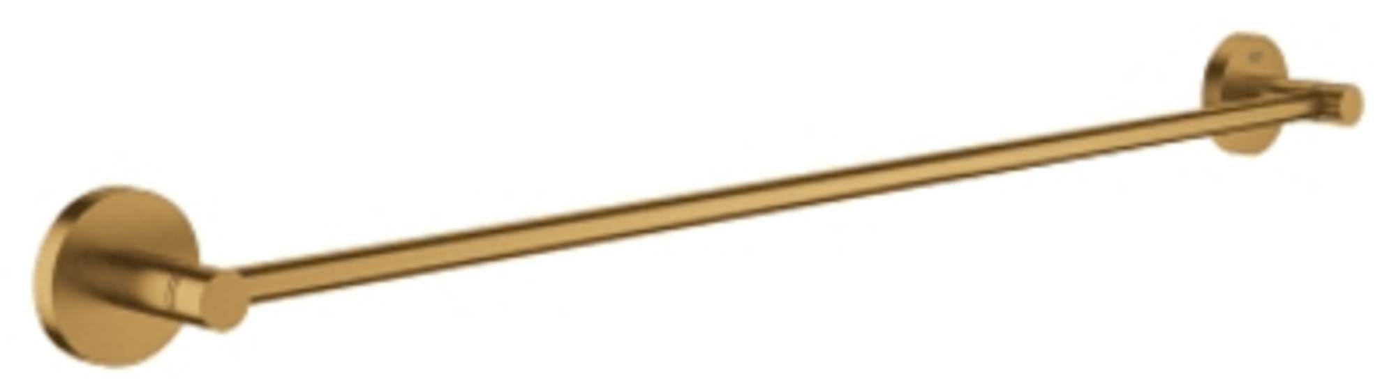 Brushed gold horizontal towel bar with circular wall-mounted end caps on both sides.