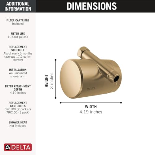 Champagne bronze cylindrical shower filter attachment, 4.19 inches wide and 3 inches tall, with side inlet port.