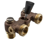 Brass shutoff valve with dual 1/2 inch threaded ports and black lever handle for washing machine water line connection.