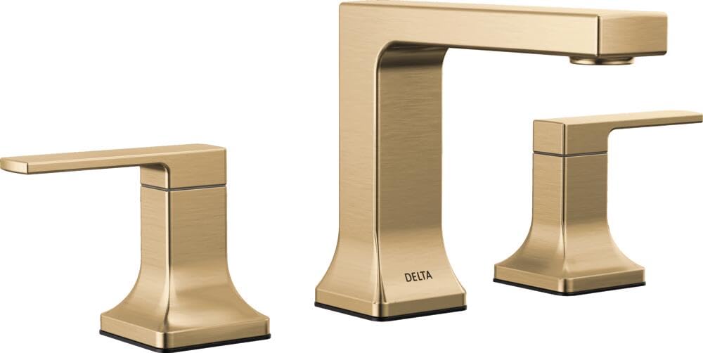 Champagne bronze three-piece bathroom faucet with two lever handles and tall center spout.