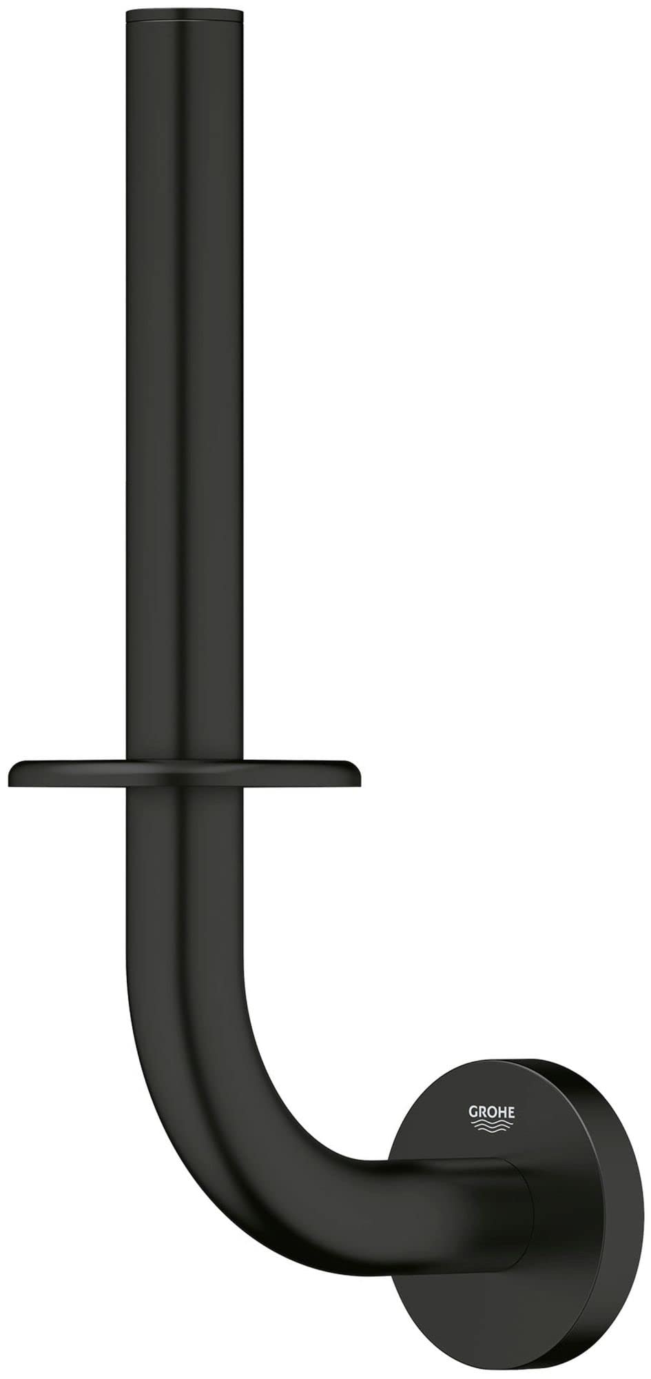 Vertical cylindrical paper holder with horizontal bar and curved base in dark brushed finish with GROHE logo.