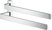 Chrome dual towel bar with two horizontal bars mounted on rectangular wall brackets.