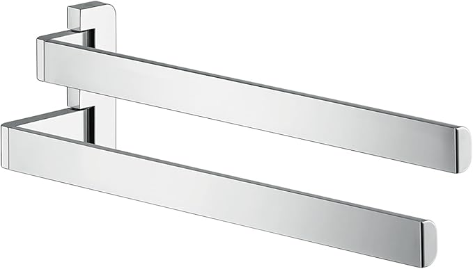 Chrome dual towel bar with two horizontal bars mounted on rectangular wall brackets.
