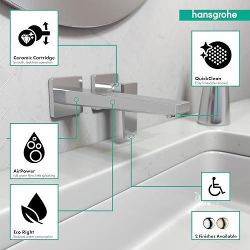 Chrome wall-mount single-handle faucet trim with lever handle and spout over white sink basin.