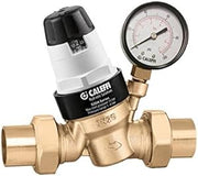 Brass pressure relief valve with black and white body, attached pressure gauge, and threaded ports.
