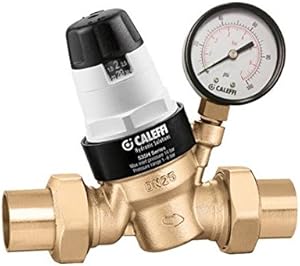 Brass pressure relief valve with black and white body, attached pressure gauge, and threaded ports.