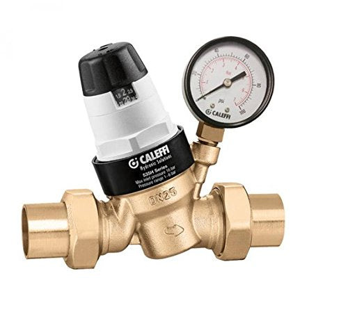 Brass pressure relief valve with black and white adjustment cap and attached pressure gauge showing PSI reading.
