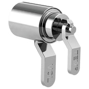 Polished chrome thermostatic valve trim with dual industrial lever handles and cylindrical body.