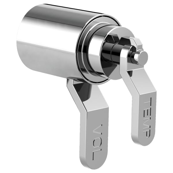 Polished chrome thermostatic valve trim with dual industrial lever handles and cylindrical body.