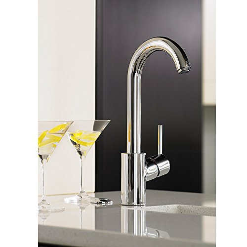 Tall chrome bar faucet with curved spout and single lever handle on countertop.