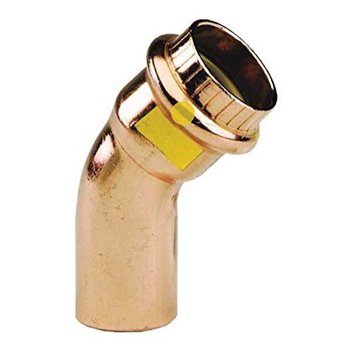 Copper 45-degree street elbow fitting with press connection and yellow identification band on white background.