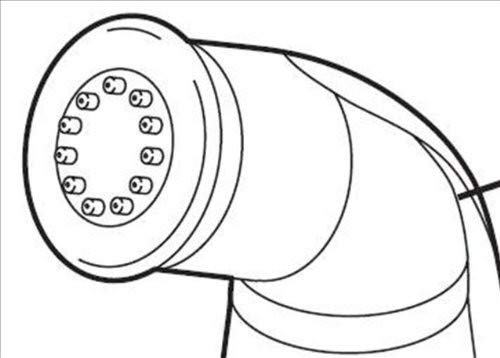 Chrome spray head assembly with multiple spray ports and curved connector elbow.