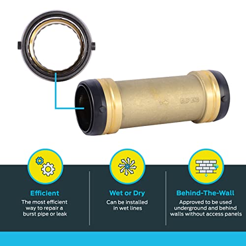 Brass push-to-connect slip coupling fitting with black grip rings and detached ring component shown separately above.