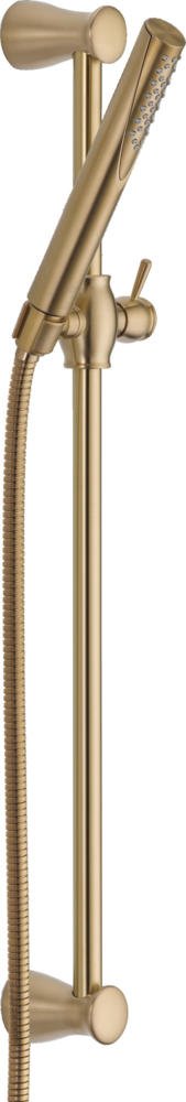 Champagne bronze slide bar hand shower set with adjustable holder, integrated hose, and single spray setting nozzle.