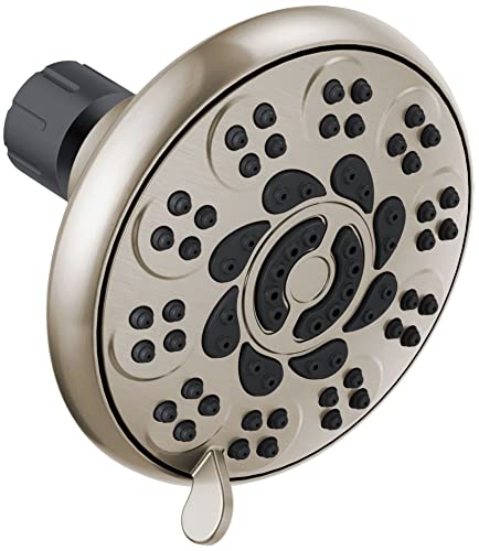 Brushed nickel shower head with multiple spray nozzles arranged in circular patterns and a black adjustment dial on the left 
