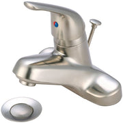 Brushed nickel single-hole bathroom faucet with curved spout, lever handle, and matching pop-up drain assembly.