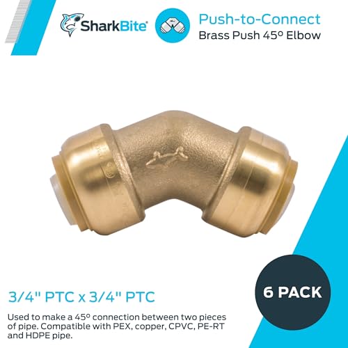 Brass 45-degree elbow connector with push-to-connect ports, 3/4" size.