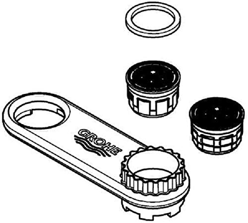 Chrome flow control cartridge assembly with wrench tool and threaded cap components.