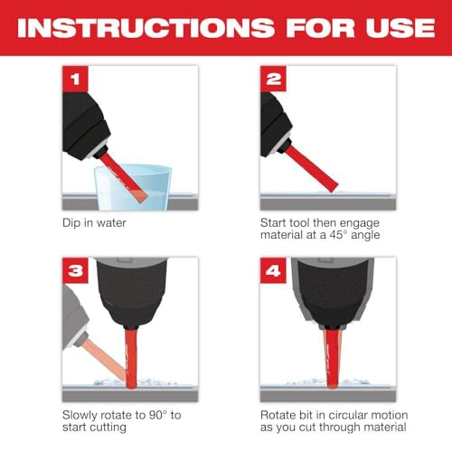Diamond grit hole saw with red shaft shown in four instructional steps for water dipping and cutting technique.