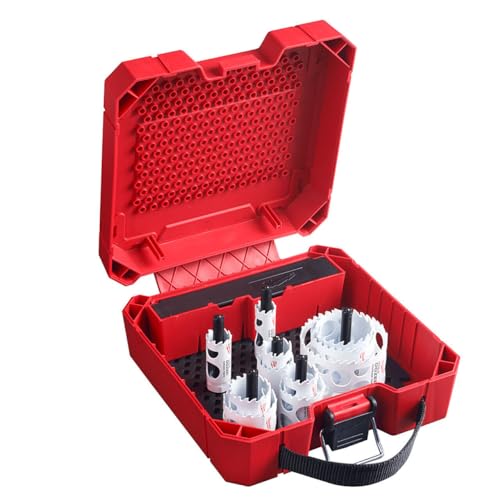 Red plastic case opened to display 15 hole saws with carbide teeth in various sizes and white protective sleeves.
