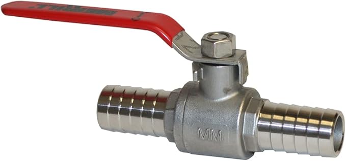 Stainless steel ball valve with red lever handle and barbed hose connections on both ends.