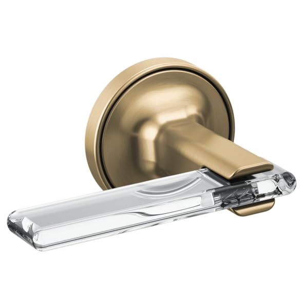 Champagne bronze wall-mounted tub filler with lever handle in clear acrylic and brushed metal finish.