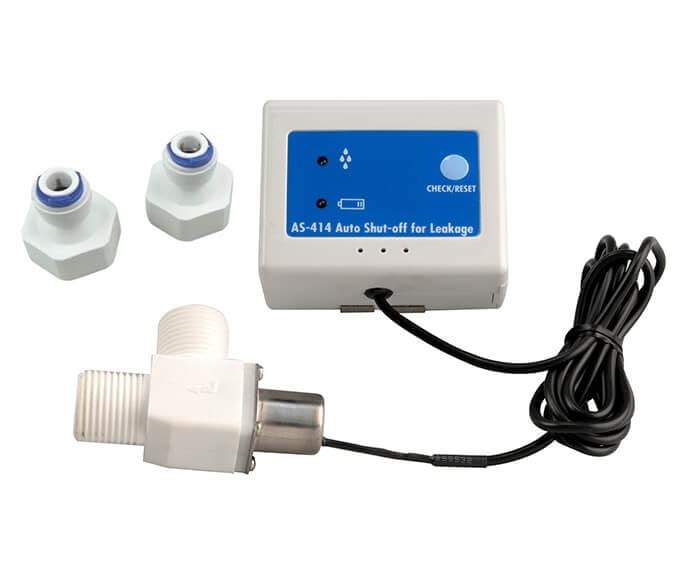 White leak detector system with control box, shutoff valve, sensor probes, and power cord.