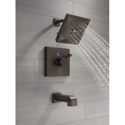 Venetian bronze shower valve trim kit with single metal lever handle, square escutcheon plate, rainfall showerhead, and tub s