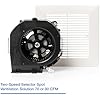 Black and white ventilation fan motor and grille assembly with circular intake opening and mounting bracket.