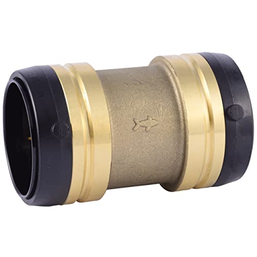 Brass coupling fitting with black push-to-connect ends and shark logo on center band.