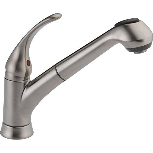 Brushed stainless steel single handle kitchen faucet with curved spout and pull-out spray head.
