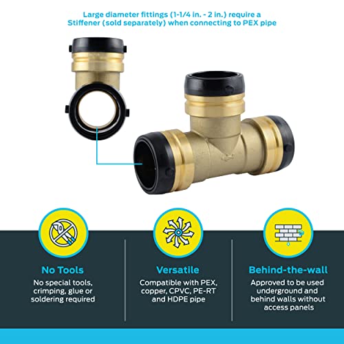 Brass push-to-connect tee fitting with black grip rings and removable cap for 1-1/2 inch pipes.