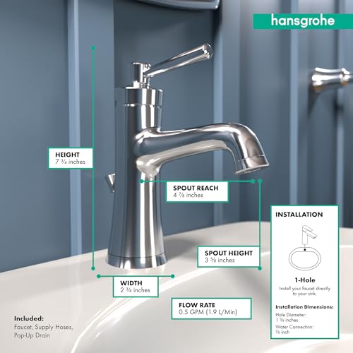 Chrome single-hole bathroom faucet with curved spout, pop-up drain, and adjustable spray pattern lever.