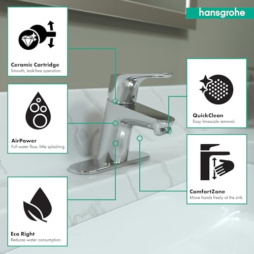 Chrome single-hole bathroom faucet with curved spout installed on white sink, featuring ceramic cartridge and quick-clean tec