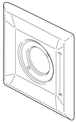 Stainless steel square escutcheon plate with circular opening and mounting hardware.