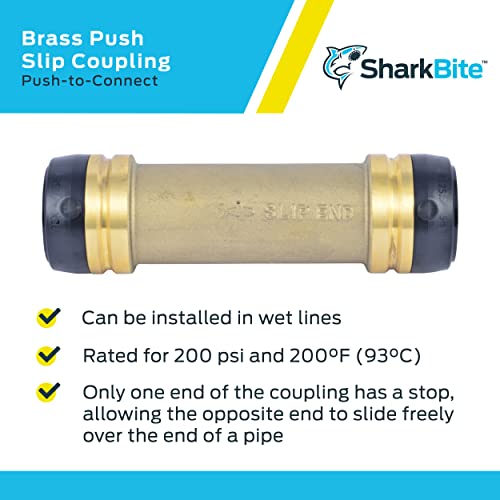 Brass push-to-connect slip coupling with black grip rings on each end, 1-1/4" diameter.