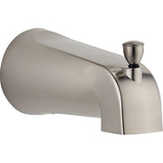 Stainless steel tub spout with curved body and pull-up diverter lever on right side.