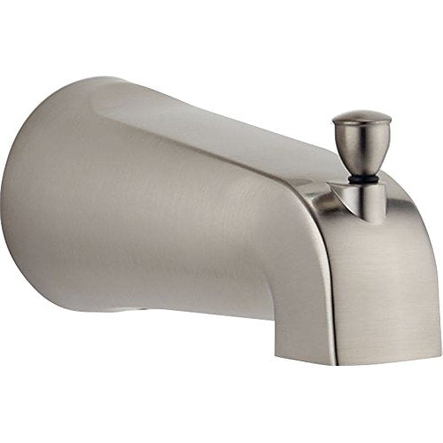 Stainless steel tub spout with curved body and pull-up diverter lever on right side.