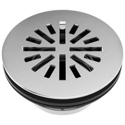 Chrome round shower drain with radial slot pattern and recessed center opening.