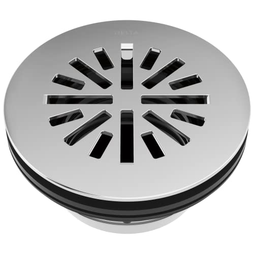 Chrome round shower drain with radial slot pattern and recessed center opening.