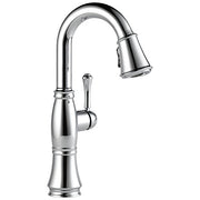 Chrome single-handle pull-down kitchen faucet with curved spout and lever control.