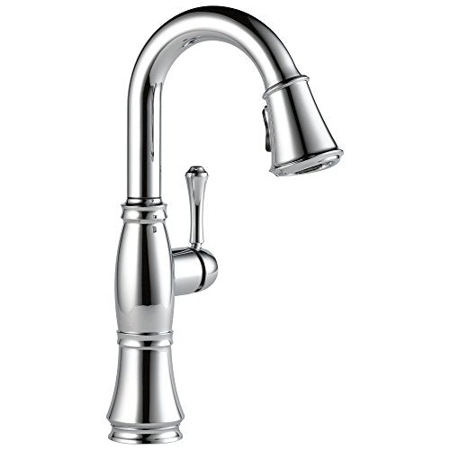 Chrome single-handle pull-down kitchen faucet with curved spout and lever control.