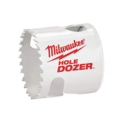 White Milwaukee HOLE DOZER bi-metal hole saw with serrated cutting edge and center arbor hole.