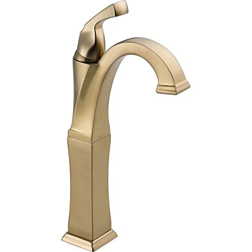 Champagne bronze single-handle bathroom faucet with curved spout and tall squared base.