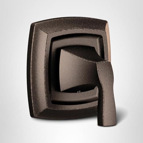 Oil rubbed bronze single-handle shower valve trim with curved rectangular escutcheon and lever handle.