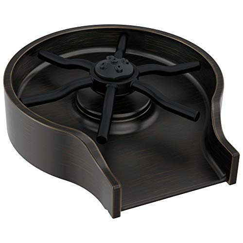 Black metal and glass rinser with curved basin and four-pronged rotating spray head.