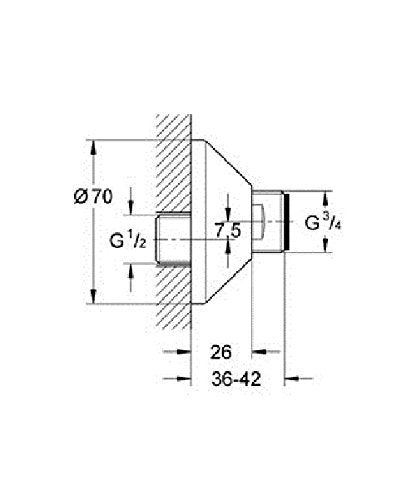 Chrome plated S-union connector with G1/2 and G3/4 threaded ports, technical schematic showing dimensions.