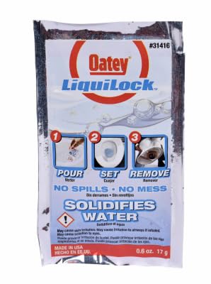 Two-pack of Oatey LiquidLoc gel packets (0.6 oz each) for toilet removal, showing product packaging with instructions.